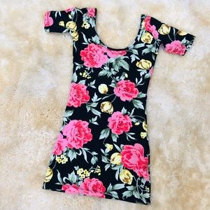 Black pink floral flower print bodycon mini dress